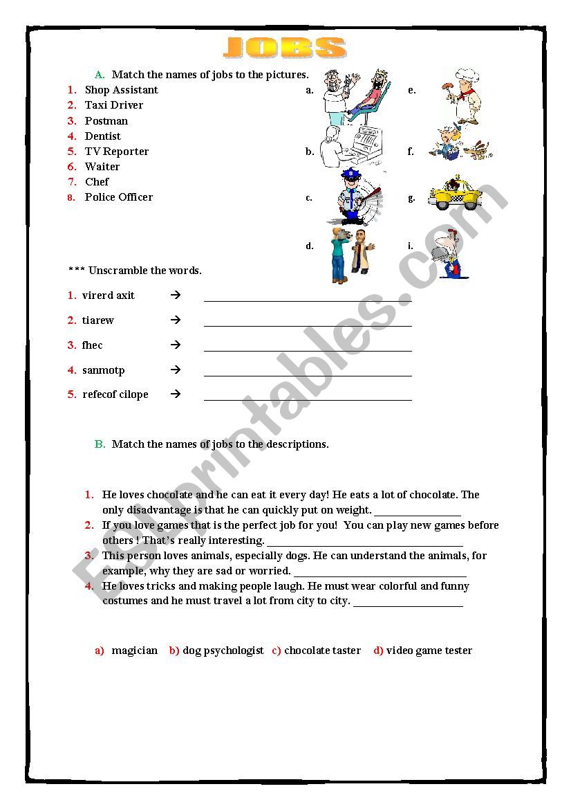 Jobs Worksheet [Matching and Unscrambling] - ESL worksheet by webquail